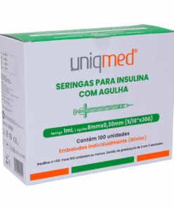 Seringas para Insulina 1mL Agulha 8mmx0.30mm cx c/ 100 unid (Blister individual) - Uniqmed