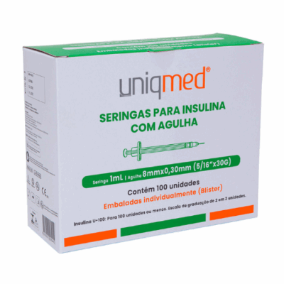 Seringas para Insulina 1mL Agulha 8mmx0.30mm cx c/ 100 unid (Blister individual) - Uniqmed