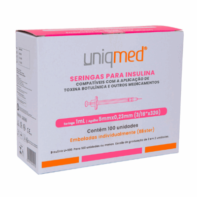 Seringas para Toxina Botulínica (Insulina) 1mL Agulha 5mmx0.23mm cx c/ 100 unid (Blister individual) – Uniqmed